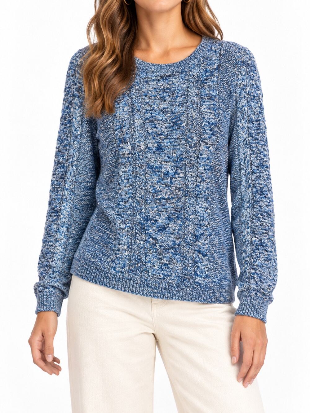 GAP Blue Marled Chunky Cable Fisherman Knit Cotton Sweater Medium Coastal